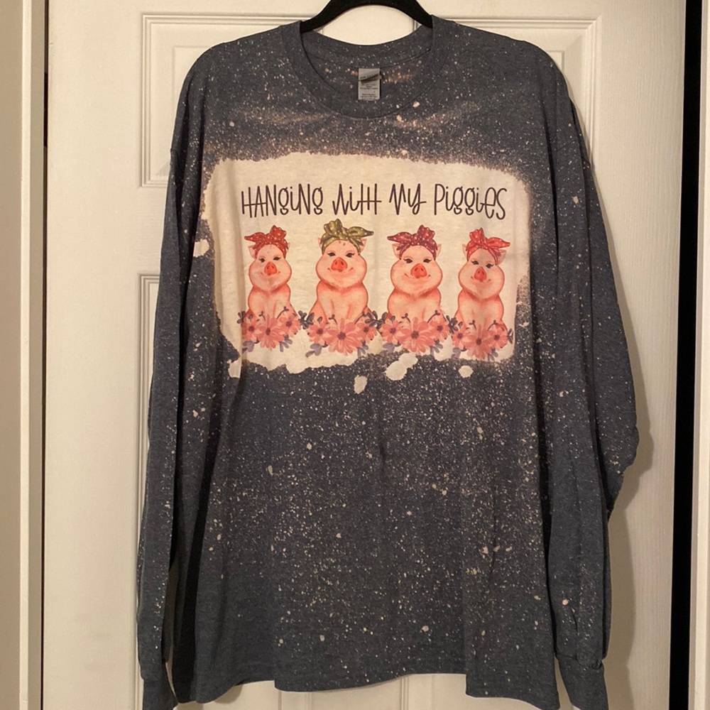 Gildan Pig Tie-dye Gray Pink long sleeve T Shirt HANGING WITH MY PIGGIES